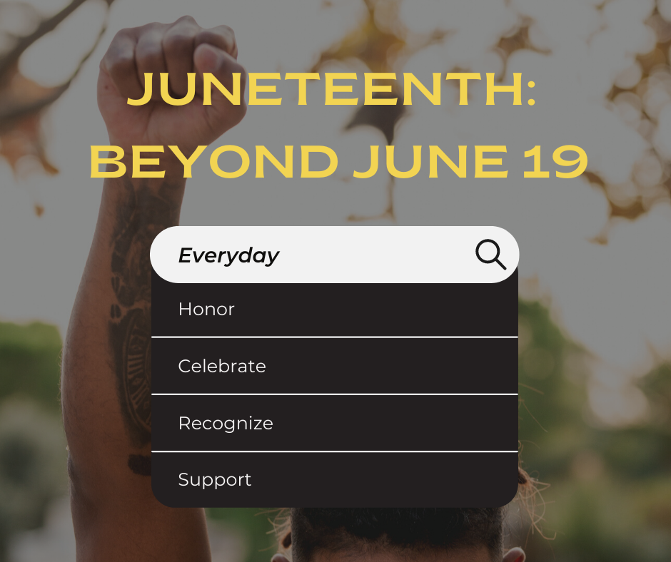 Raised fist. Juneteenth: Beyond June 19. List - Everyday: Honor, Celebrate, Recognize, Support