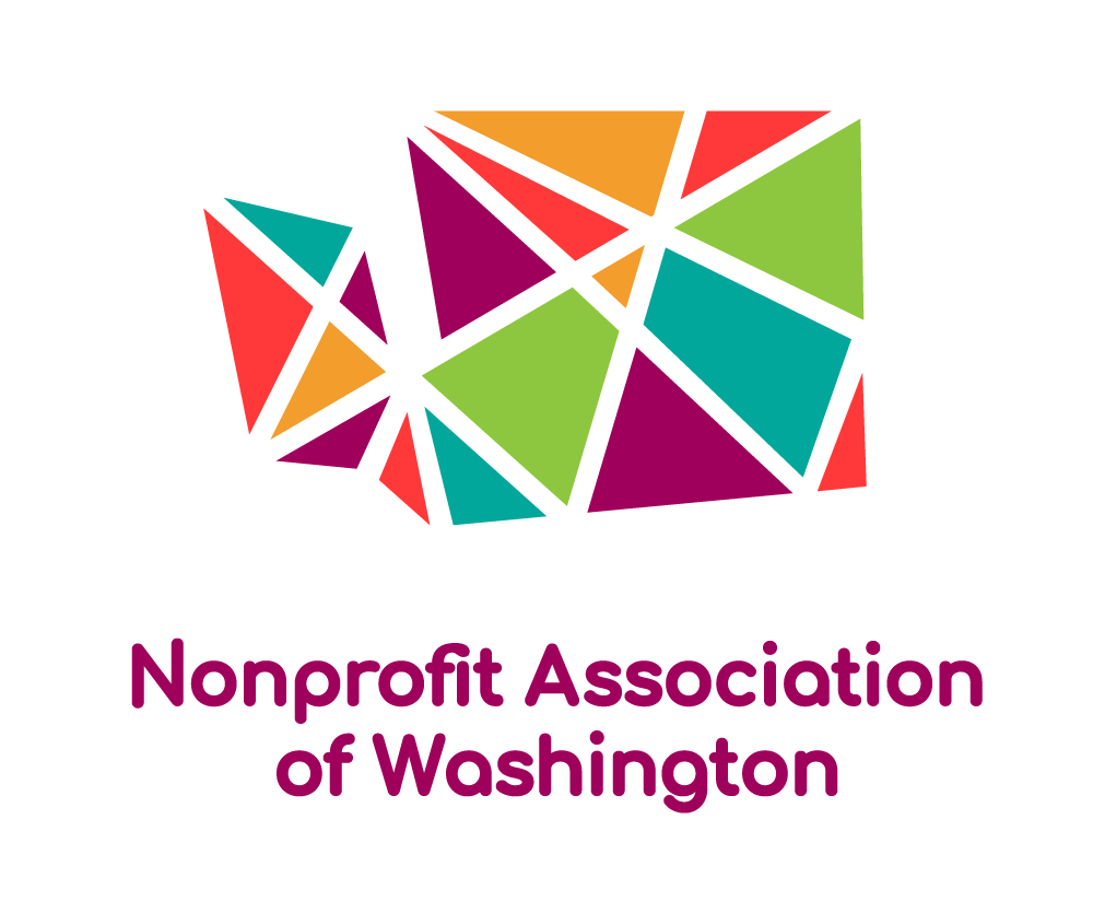 Nonprofit Association of WA Logo, the state of WA in red, yellow, teal, and purple in multiple vectors.