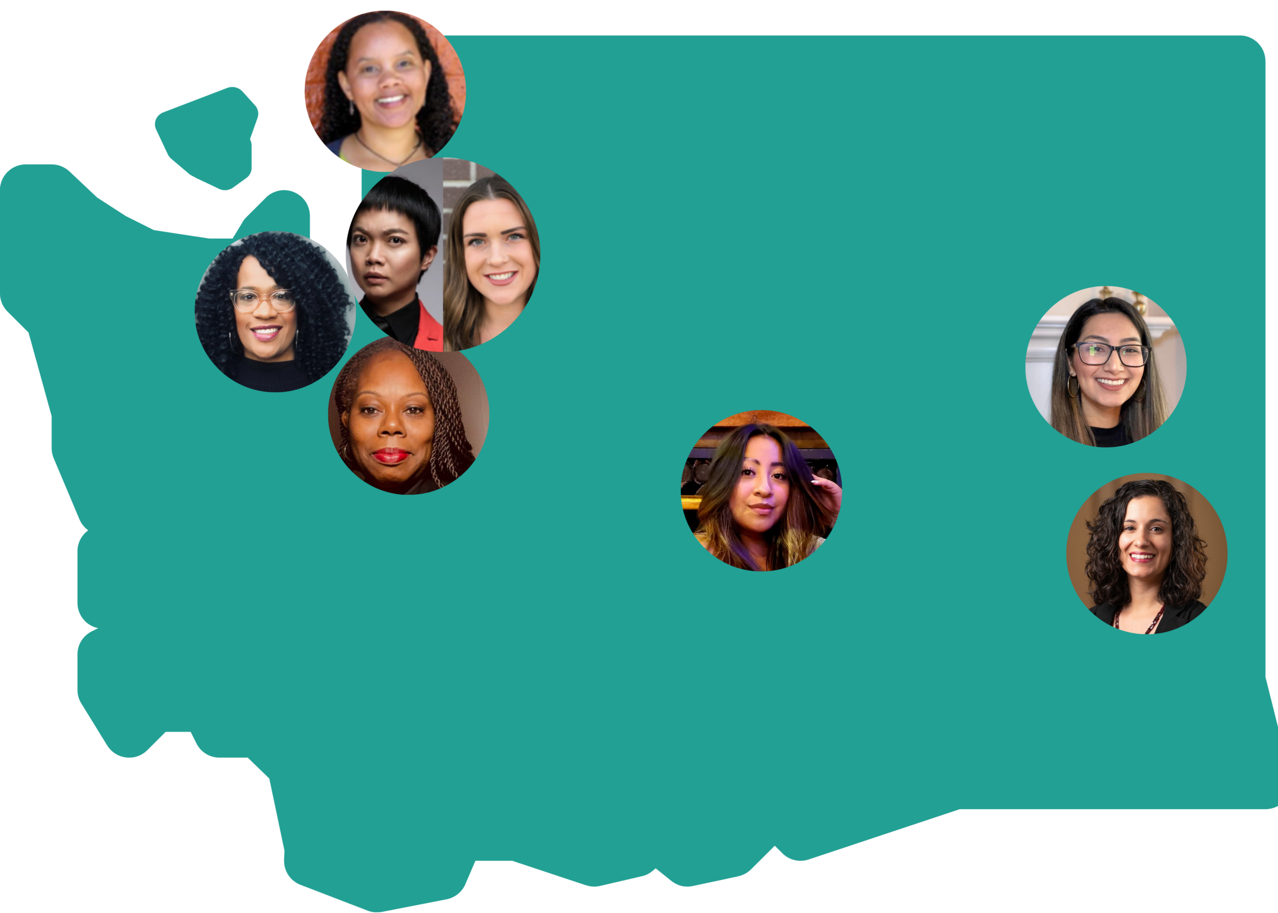 Washington State with headshots of Equity Ambassadors placed over where they are located through the state. Seattle, Spokane, Olympia, Wenatchee, Pullman, Federal Way, Bellingham