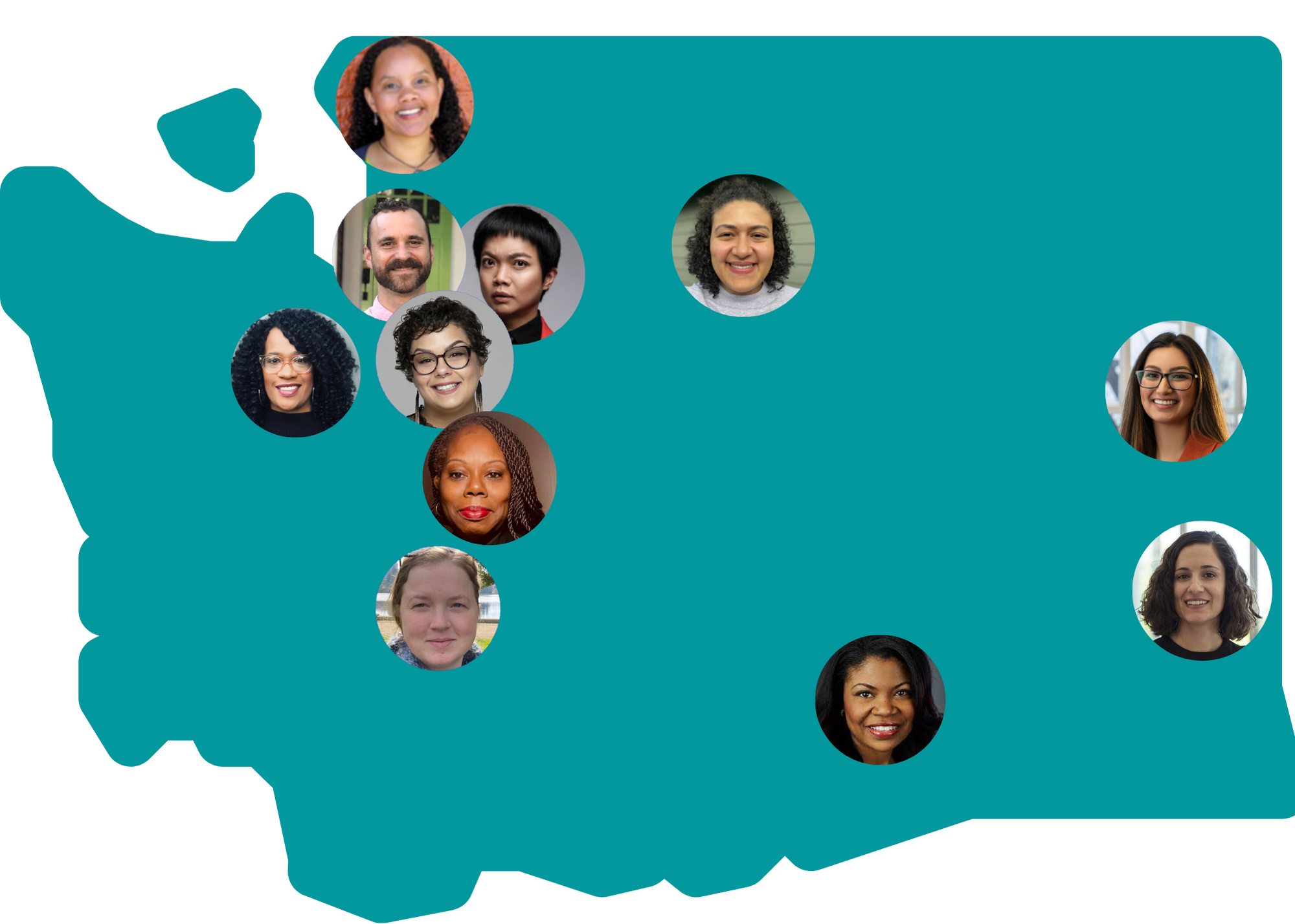 Washington State with headshots of Equity Ambassadors placed over where they are located. Richland, Pullman, Peshastin, Seattle, Bellingham, Vancouver, Olympia, Gig Harbor