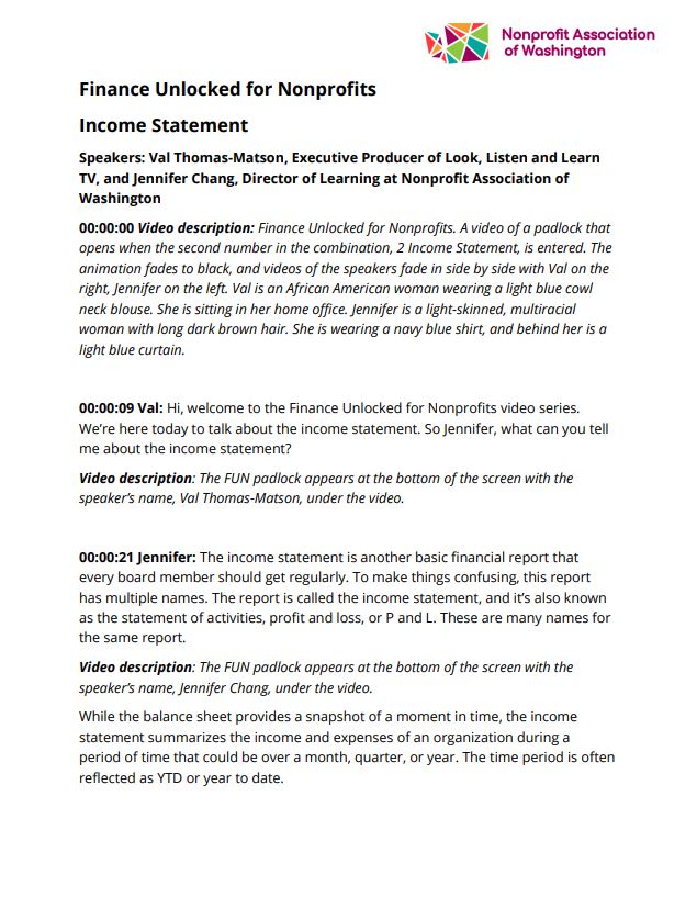 Preview of the Finance Unlocked for Nonprofits Income Statement video transcript