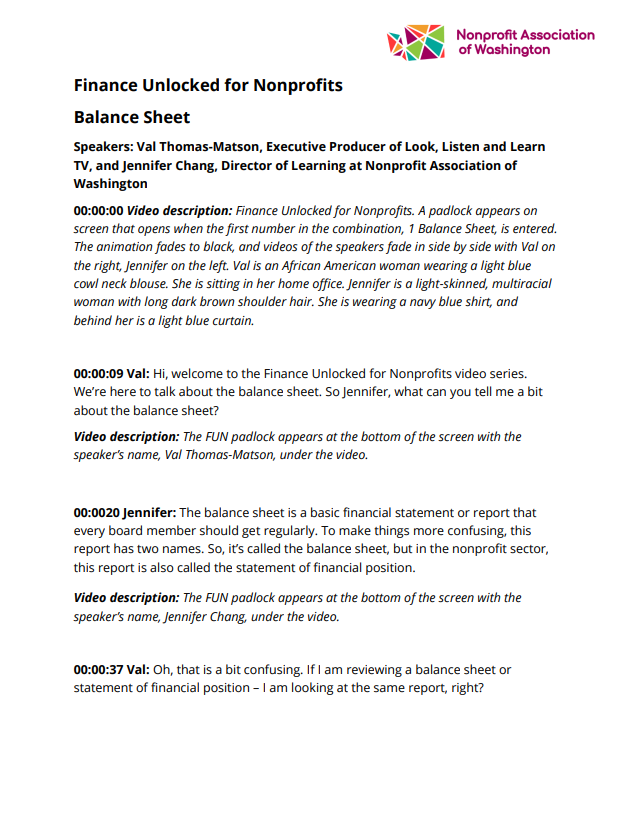 Preview of the Finance Unlocked for Nonprofits Balance Sheet video transcript