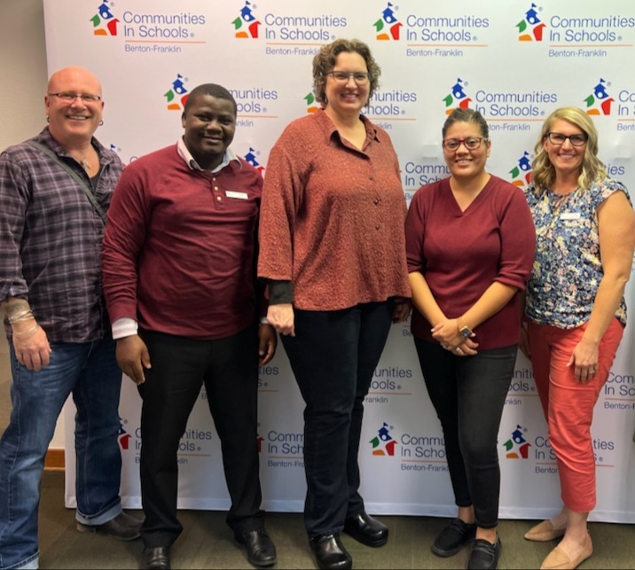 In October, NAWA visited Communities in Schools Benton-Franklin. Pictured: Erick Seelbach, Shem Kizito, Laura Pierce, Lupe Mares, and Joely Nye-Felt.