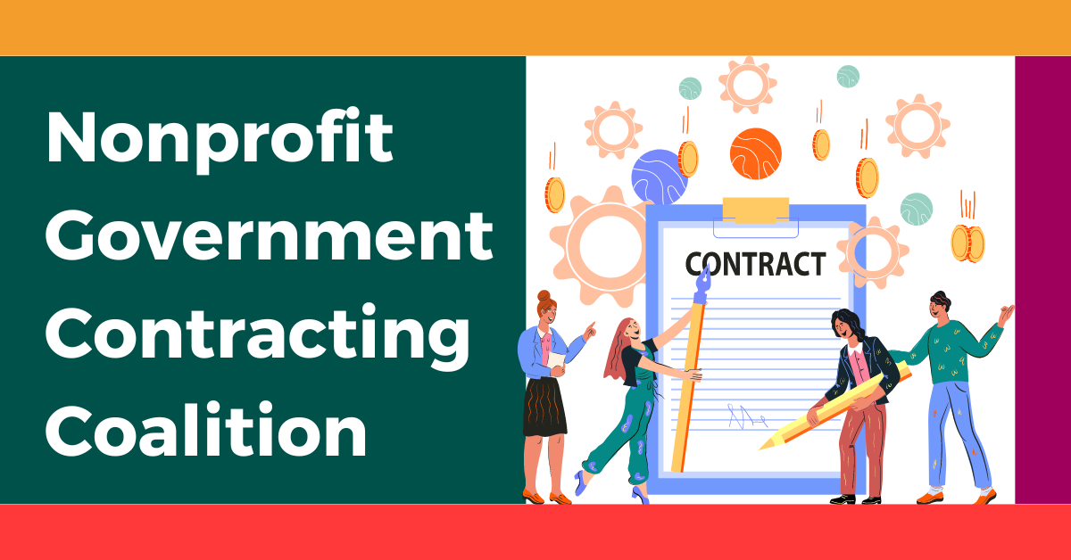 Nonprofit Government Contracting Coalition. A group of 4 animated people gather around an enlarged contract and are working together on it.