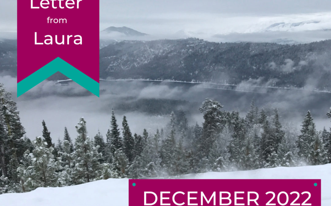 Letter from Laura, December 2022. A view of Lake Wenatchee is shown covered in snow from a mountain side.
