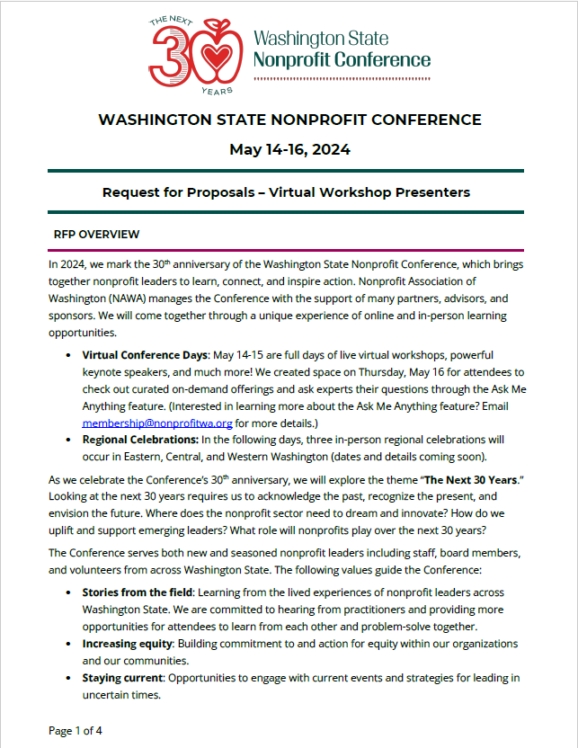 First page of the 2024 Washington State Nonprofit Conference RFP packet
