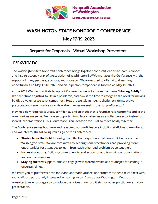 First page of the 2023 Washington State Nonprofit Conference Request for Proposals