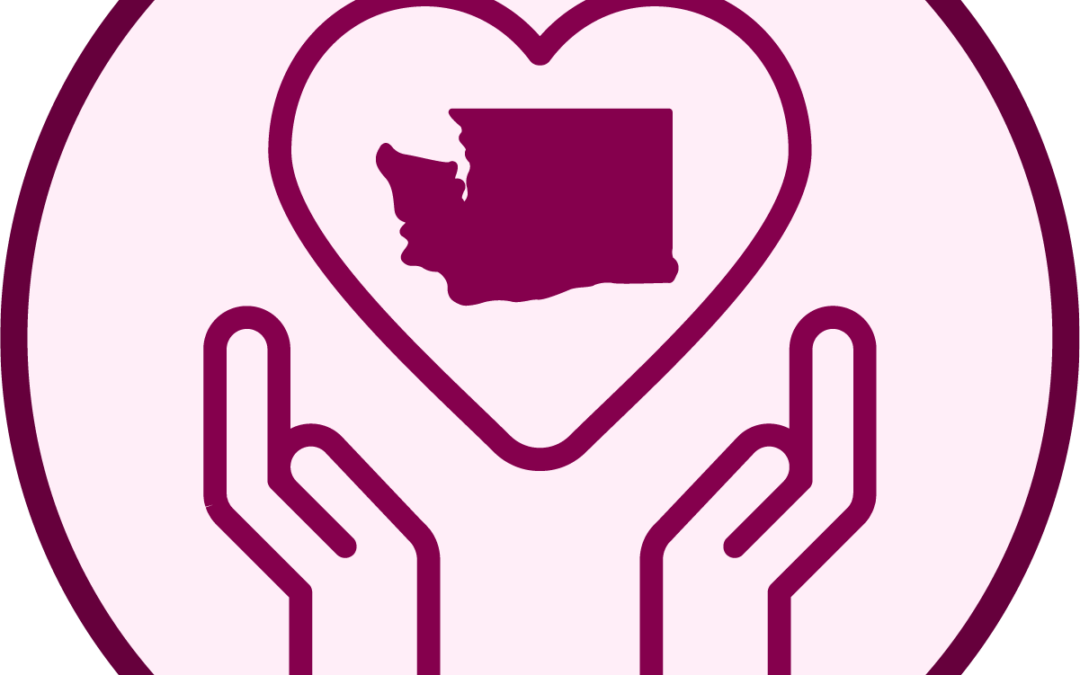 Two hand lifting up a heart with the state of Washington in it.