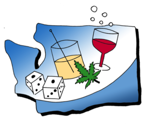 Outline of the State of Washington with dice, a cannabis leaf, and two drinks inside it.