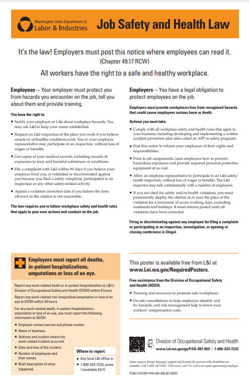 L&I Job Safety and Health Poster