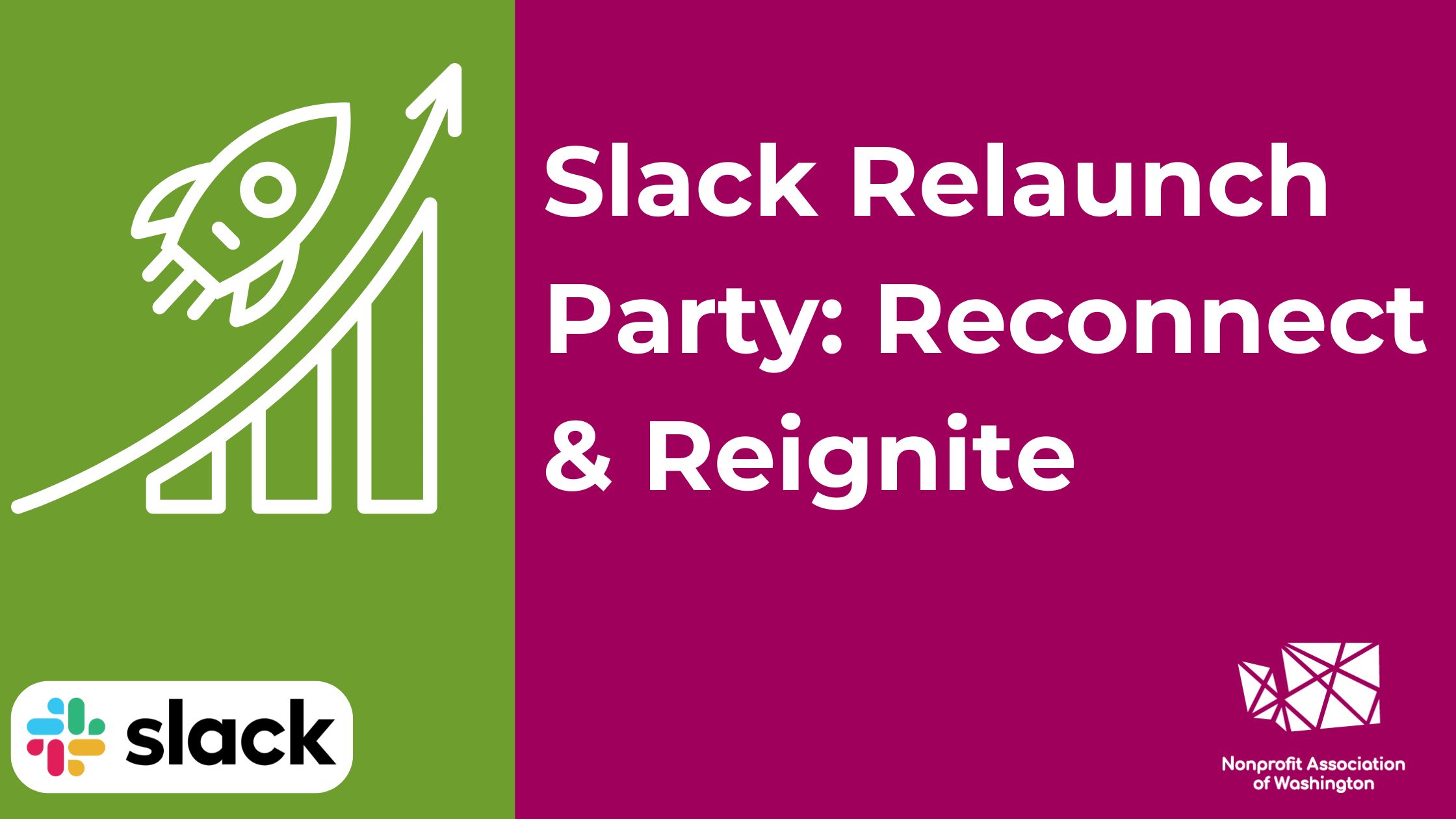 Slack Relaunch Party Banner with a rocket taking off in a chart