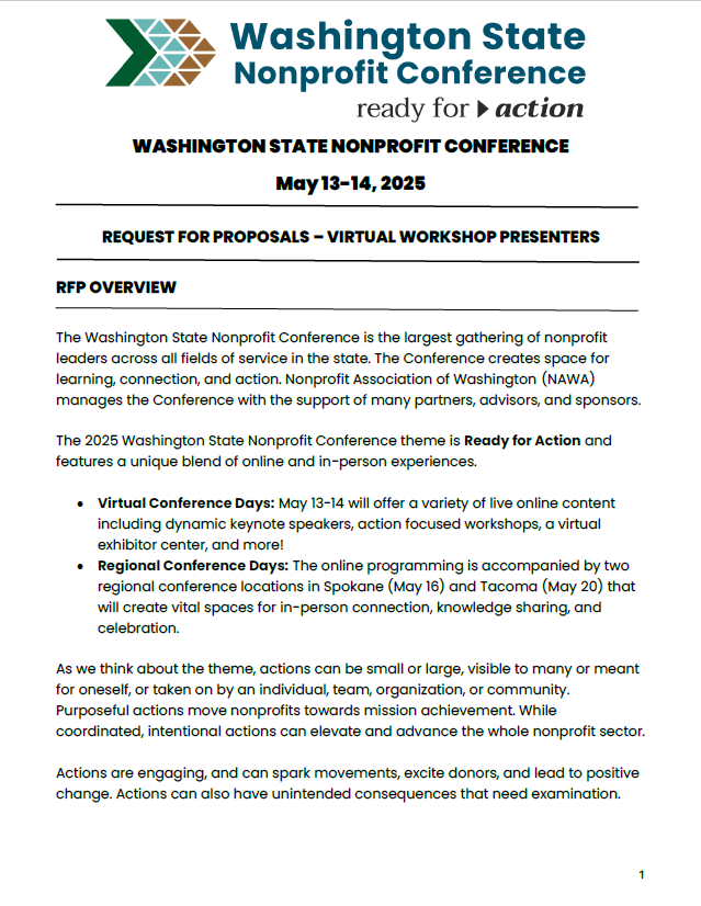 First page of the 2024 Washington State Nonprofit Conference RFP packet